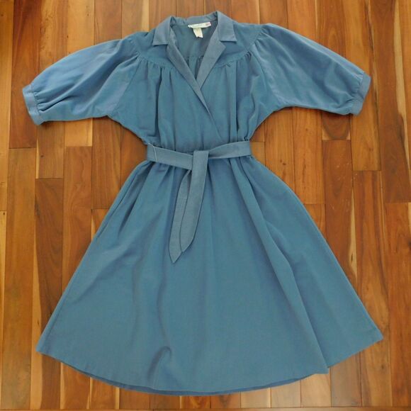 Vintage 70s Greentree by Walden 14 Blue Brushed Polyester Belted E/W Dress MINT - Picture 3 of 10
